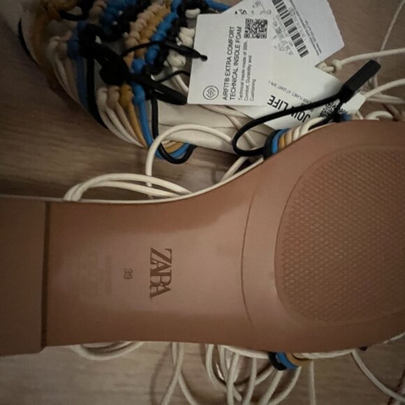 BNWT ZARA Zara Crochet Square Toe Lace-Up Sandals Flat in blue / yellow (8) EU39 - Picture 2 of 5